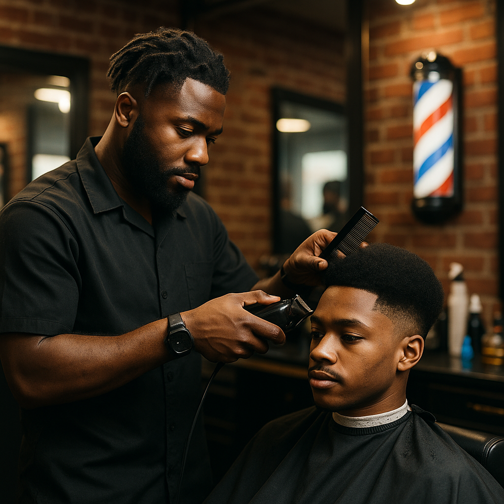 Barber giving a haircut to client